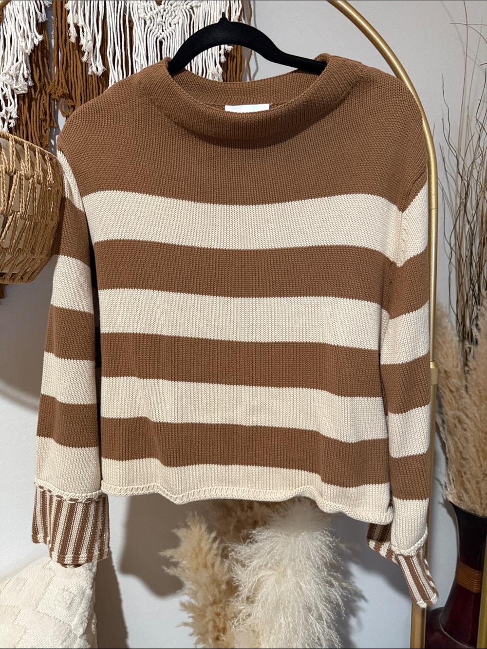 Women's Striped Knit Sweater - Brown & Cream